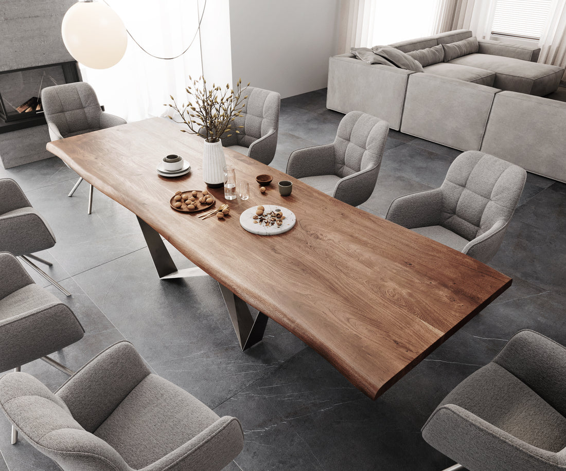 Dining Table Olympus Live Edge 300cm Acacia Wood Brown Spider Frame Steel 55mm Top