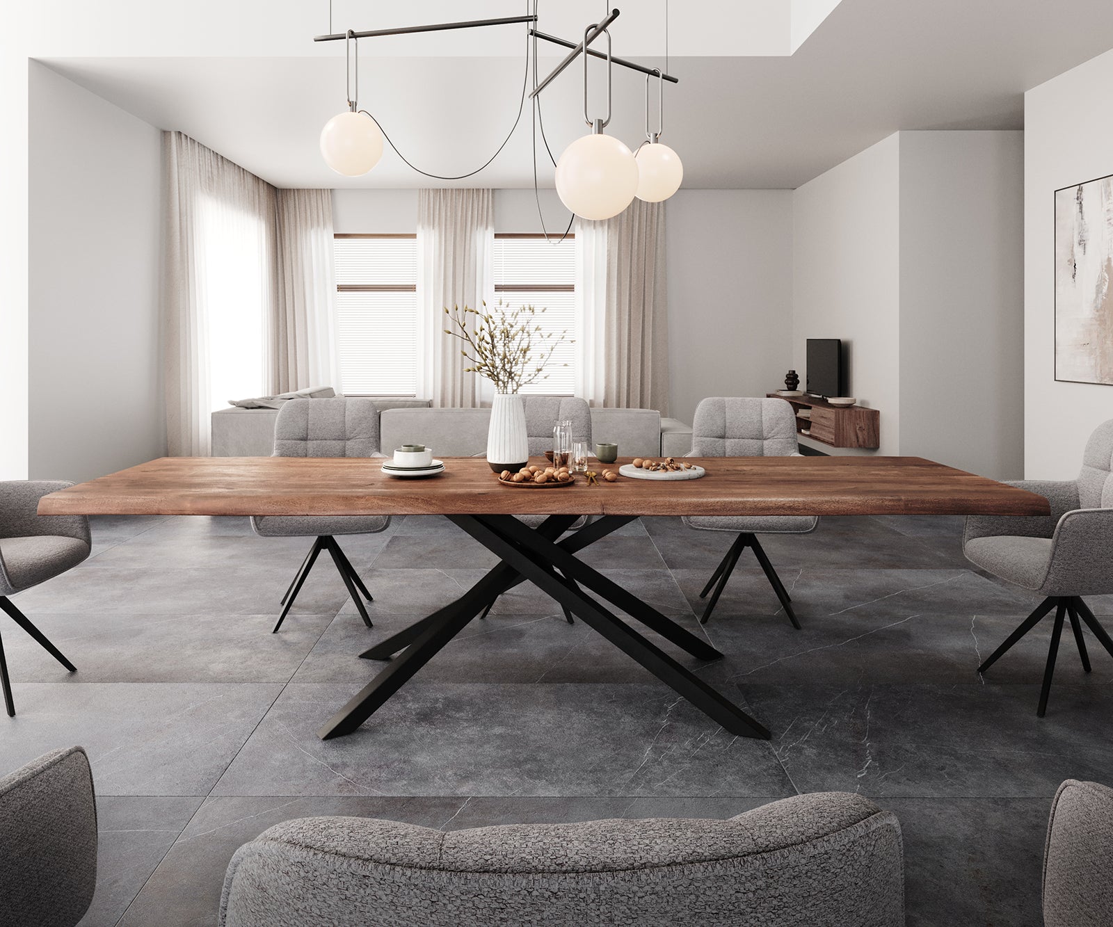 Dining Table Olympus Live Edge 300cm Acacia Wood Brown Cross Frame Black 55mm Top