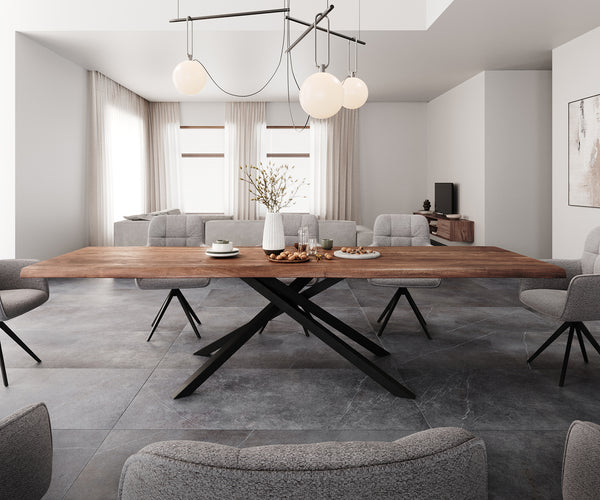 Dining Table Olympus Live Edge 300cm Acacia Wood Brown Cross Frame Black 55mm Top