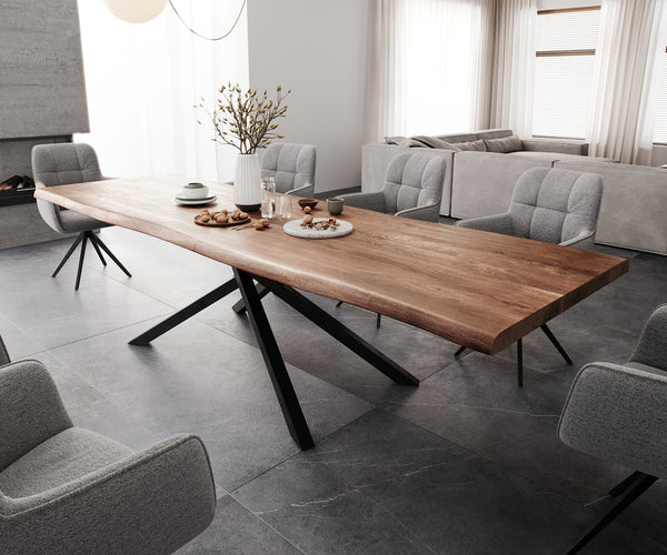 Dining Table Olympus Live Edge 300cm Acacia Wood Brown Cross Frame Black 55mm Top