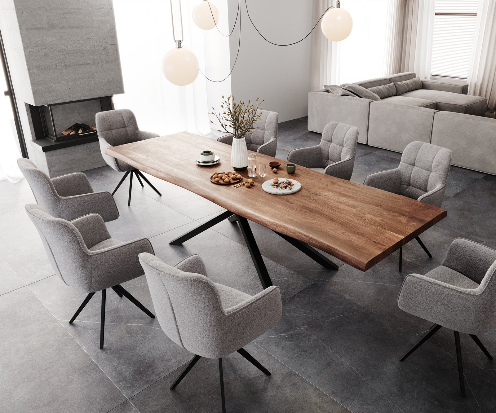 Dining Table Olympus Live Edge 300cm Acacia Wood Brown Cross Frame Black 55mm Top