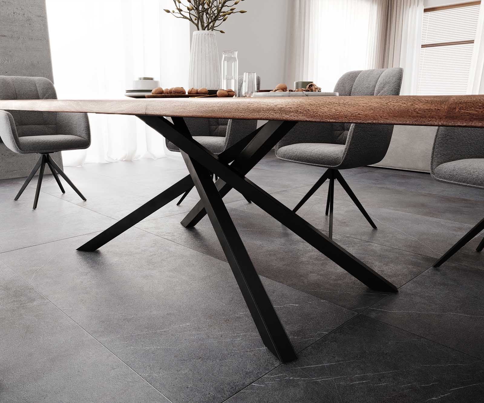 Dining Table Olympus Live Edge 300cm Acacia Wood Brown Cross Frame Black 55mm Top