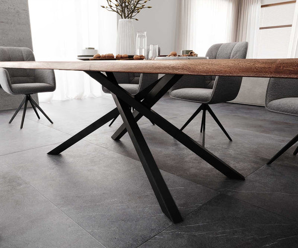 Dining Table Olympus Live Edge 300cm Acacia Wood Brown Cross Frame Black 55mm Top
