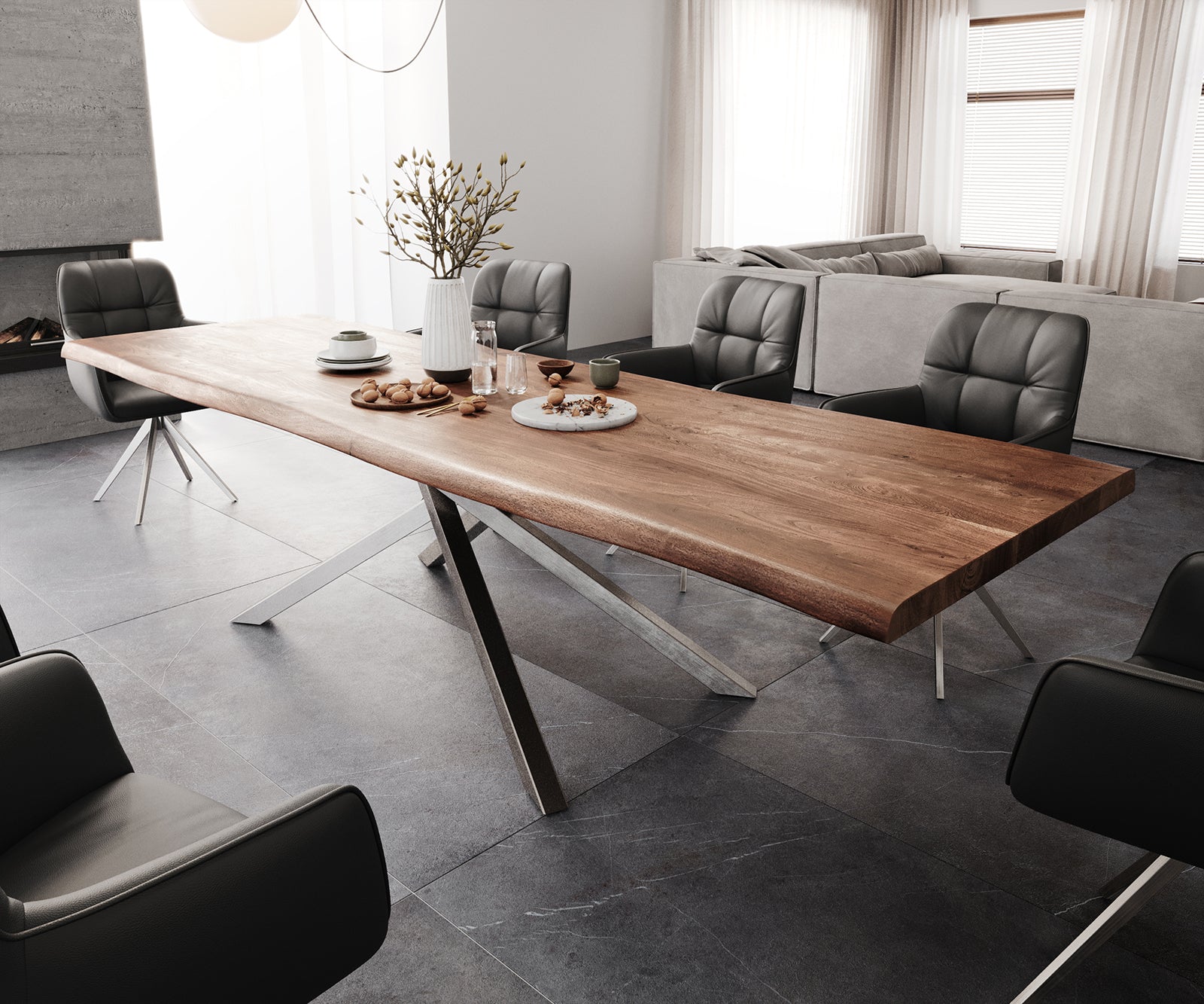 Dining Table Olympus Live Edge Acacia Wood Brown Cross Frame Steel 300cm