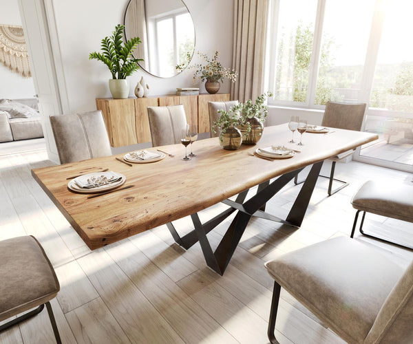 Dining Table Olympus Live Edge 260cm Acacia Wood Natural Spider Frame Black 35mm Top