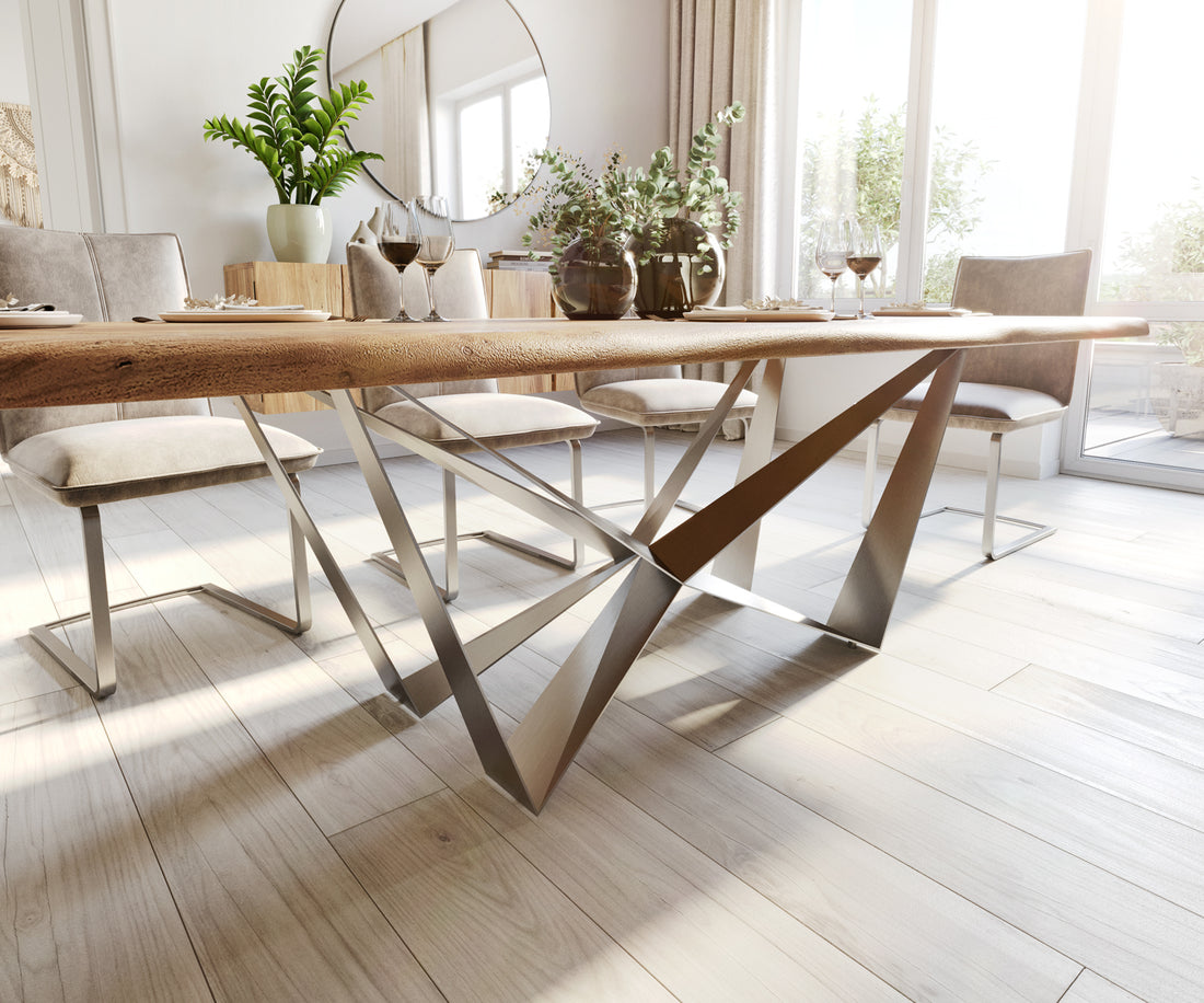 Dining Table Olympus Live Edge 260cm Acacia Wood Natural Spider Frame Steel 35mm Top