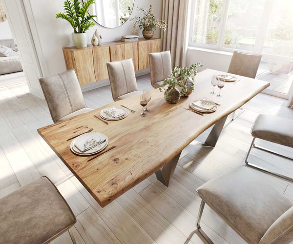 Dining Table Olympus Live Edge 260cm Acacia Wood Natural Spider Frame Steel 35mm Top