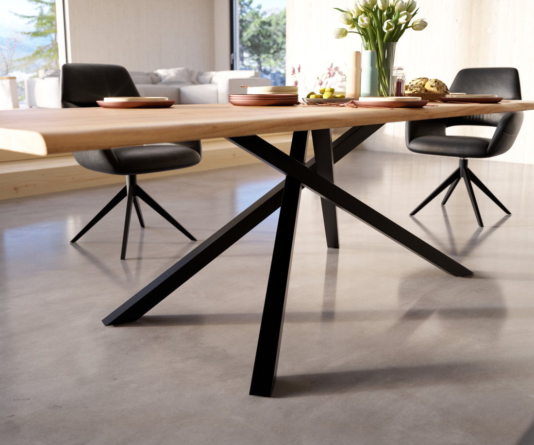 Dining Table Olympus Live Edge 260cm Acacia Wood Natural Cross Frame Black 35mm Top