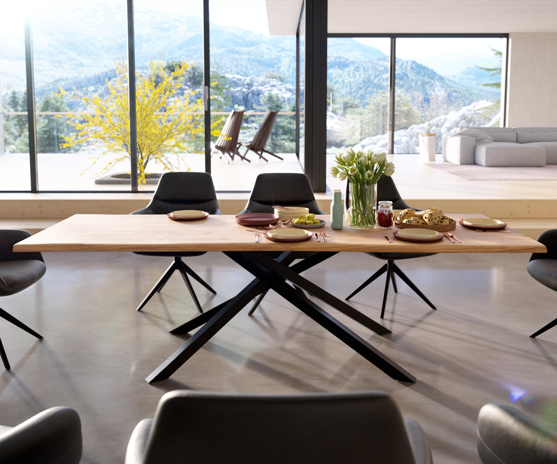 Dining Table Olympus Live Edge 260cm Acacia Wood Natural Cross Frame Black 35mm Top