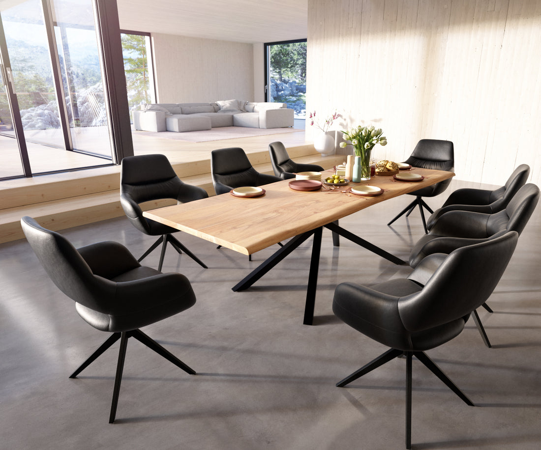 Dining Table Olympus Live Edge 260cm Acacia Wood Natural Cross Frame Black 35mm Top