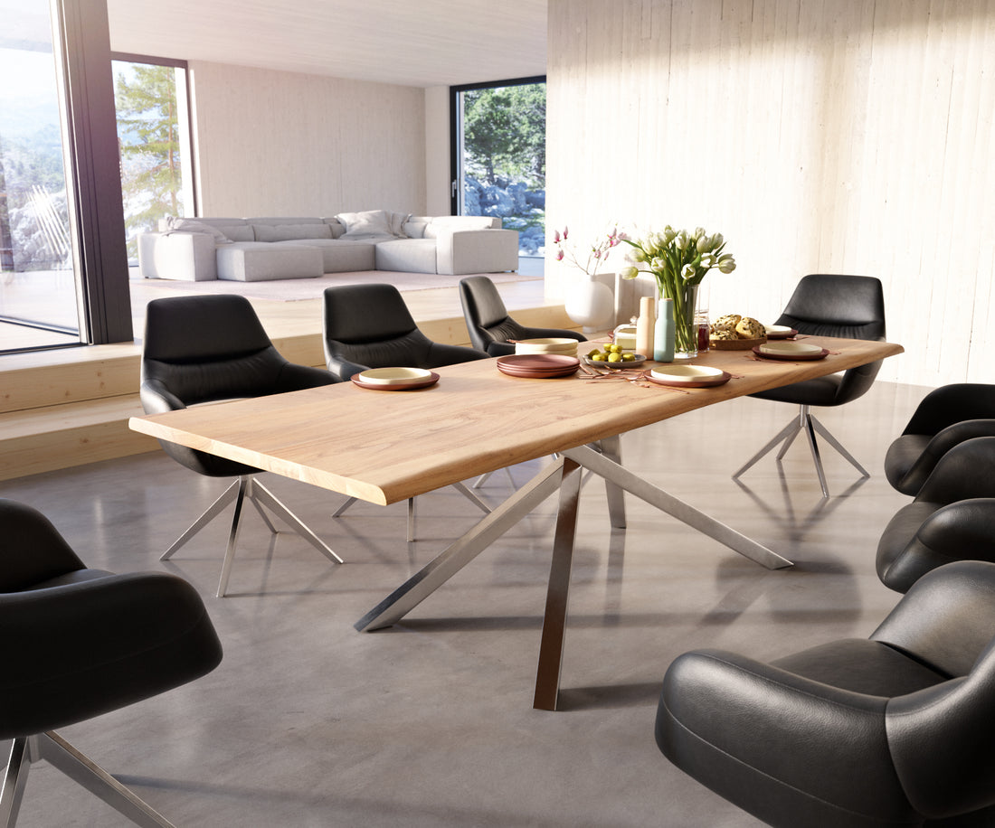 Dining Table Olympus Live Edge 260cm Acacia Wood Natural Cross Frame Steel 35mm Top