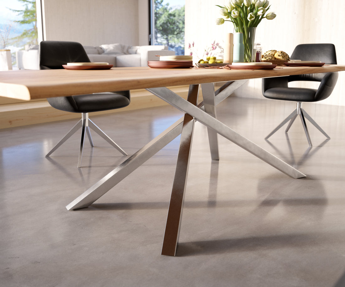 Dining Table Olympus Live Edge 260cm Acacia Wood Natural Cross Frame Steel 35mm Top