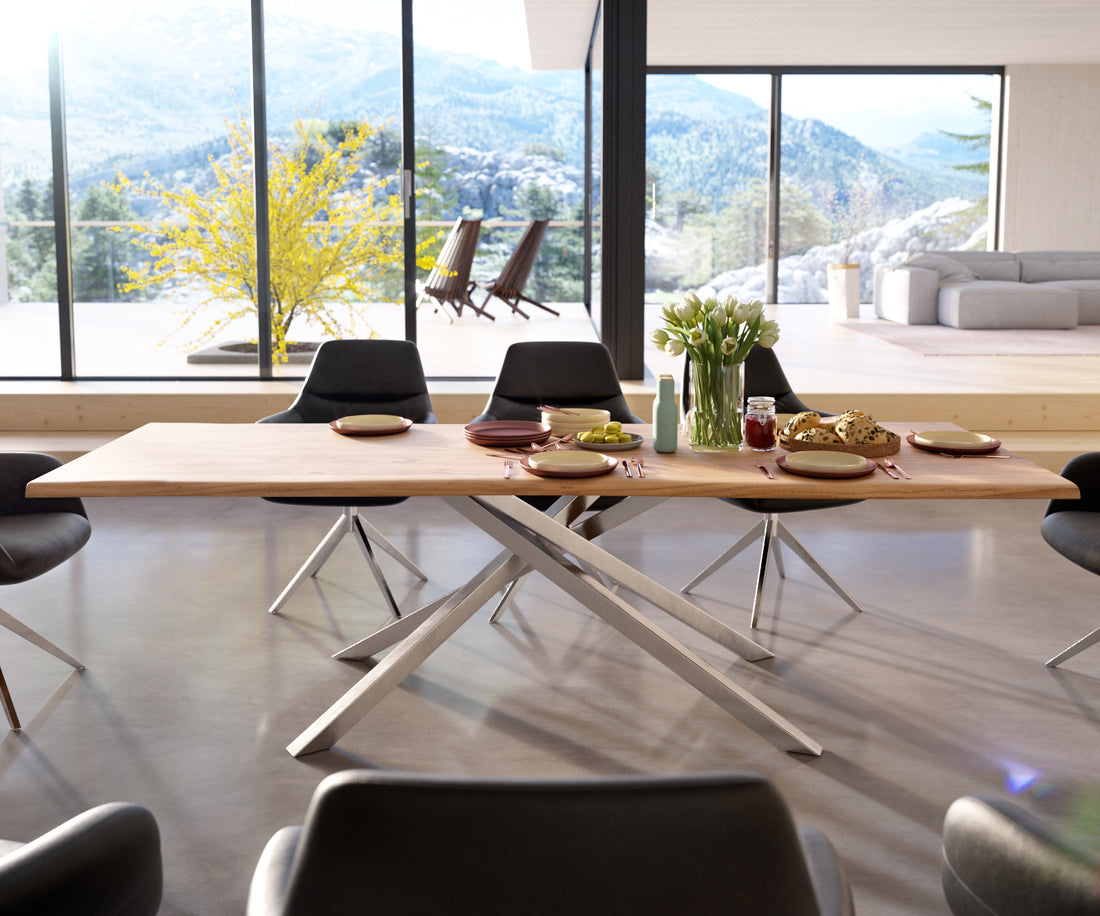 Dining Table Olympus Live Edge 260cm Acacia Wood Natural Cross Frame Steel 35mm Top