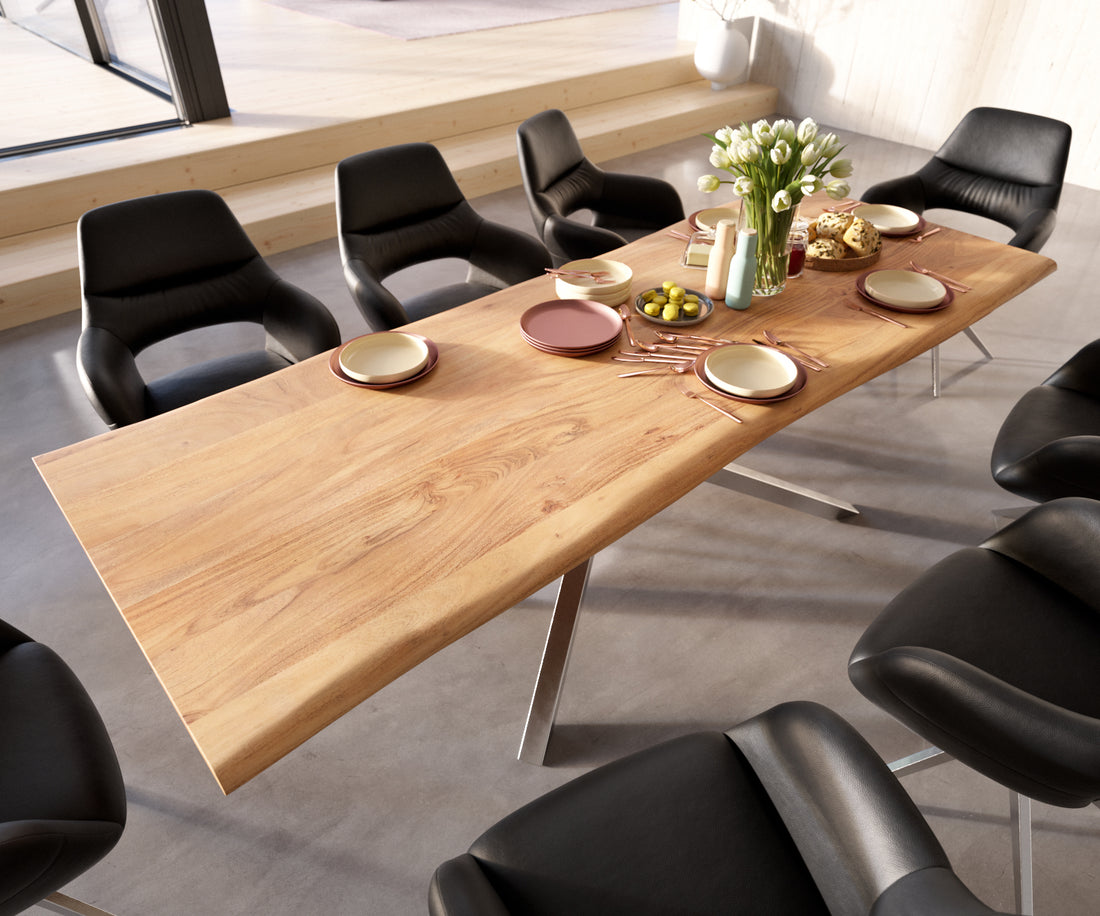 Dining Table Olympus Live Edge 260cm Acacia Wood Natural Cross Frame Steel 35mm Top