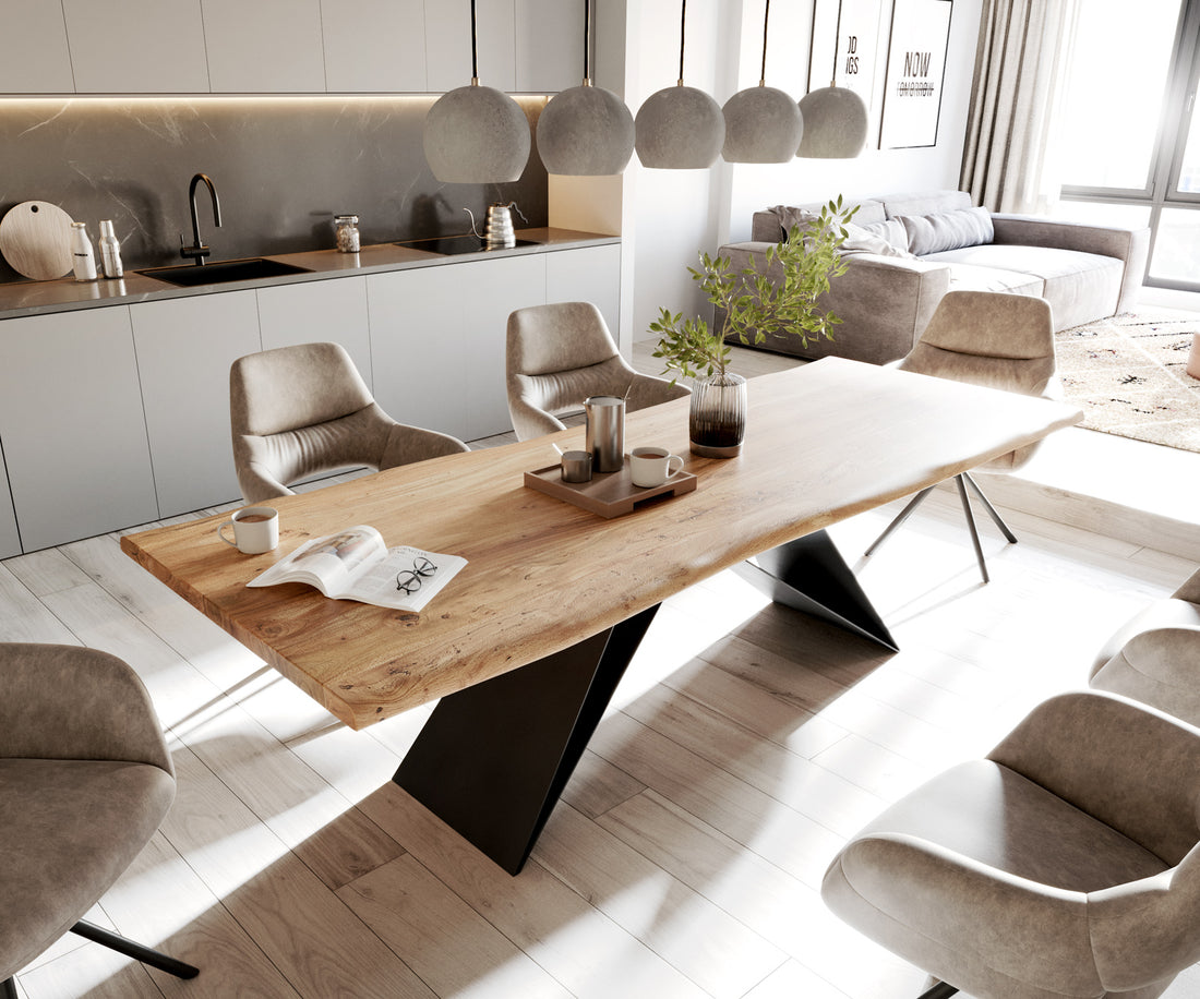 Dining Table Olympus Live Edge 260cm Acacia Wood Natural V-Frame Black 35mm Top