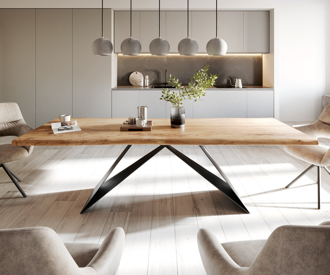 Dining Table Olympus Live Edge 260cm Acacia Wood Natural V-Frame Black 35mm Top