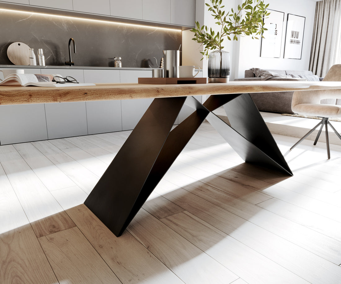 Dining Table Olympus Live Edge 260cm Acacia Wood Natural V-Frame Black 35mm Top