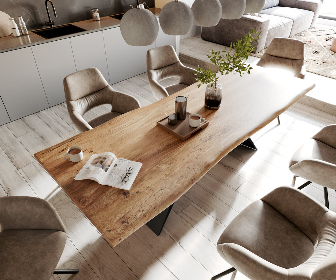 Dining Table Olympus Live Edge 260cm Acacia Wood Natural V-Frame Black 35mm Top