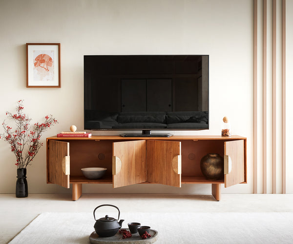 TV Stand Surimu 175cm Acacia Wood Brown 4 Doors Cork Handle