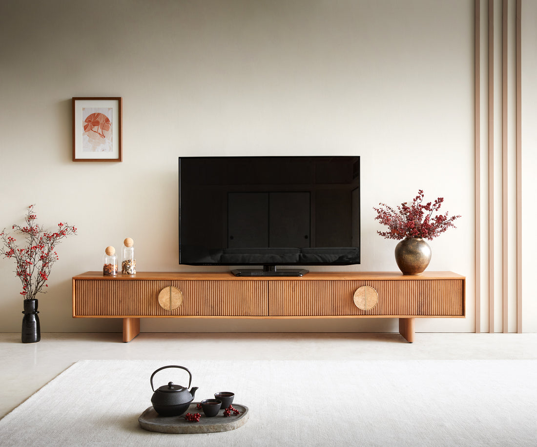TV Stand Surimu 240cm Acacia Wood Light Brown 4 Doors Cork Handle