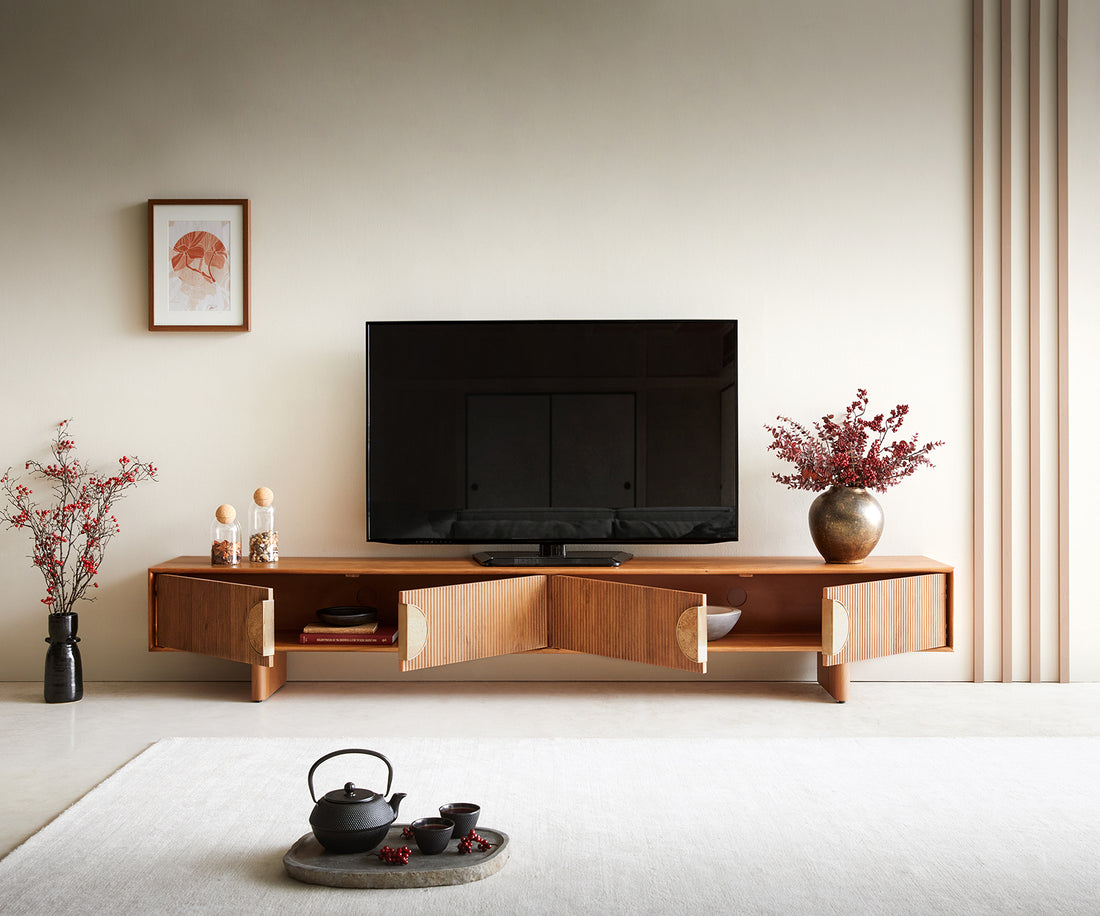 TV Stand Surimu 240cm Acacia Wood Light Brown 4 Doors Cork Handle