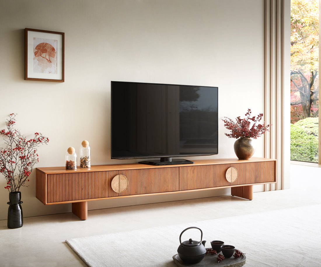 TV Stand Surimu 240cm Acacia Wood Light Brown 4 Doors Cork Handle