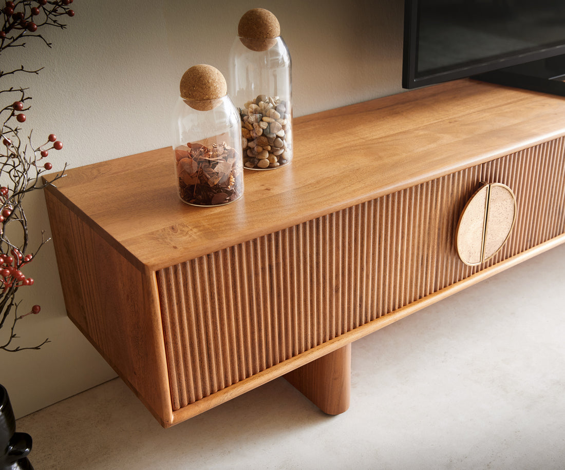 TV Stand Surimu 240cm Acacia Wood Light Brown 4 Doors Cork Handle