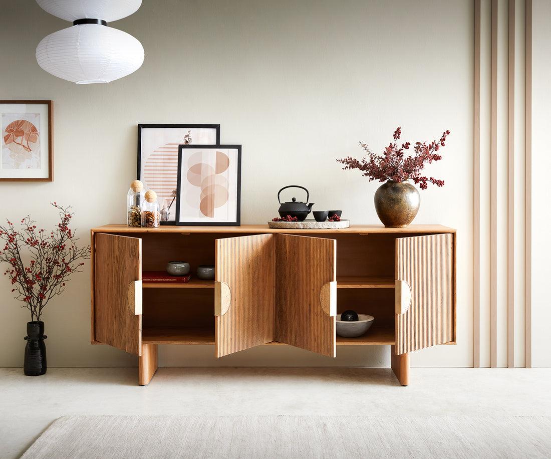 Sideboard Surimu 175cm Acacia Wood Light Brown 4 Doors 2 Compartments Cork Handle