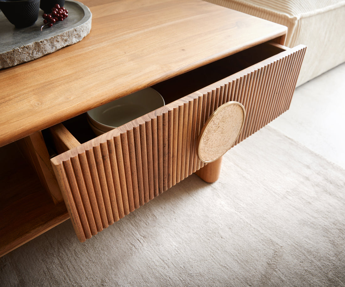 Coffee Table Surimu 115x60cm Acacia Wood Light Brown 2 Drawers Cork Handle