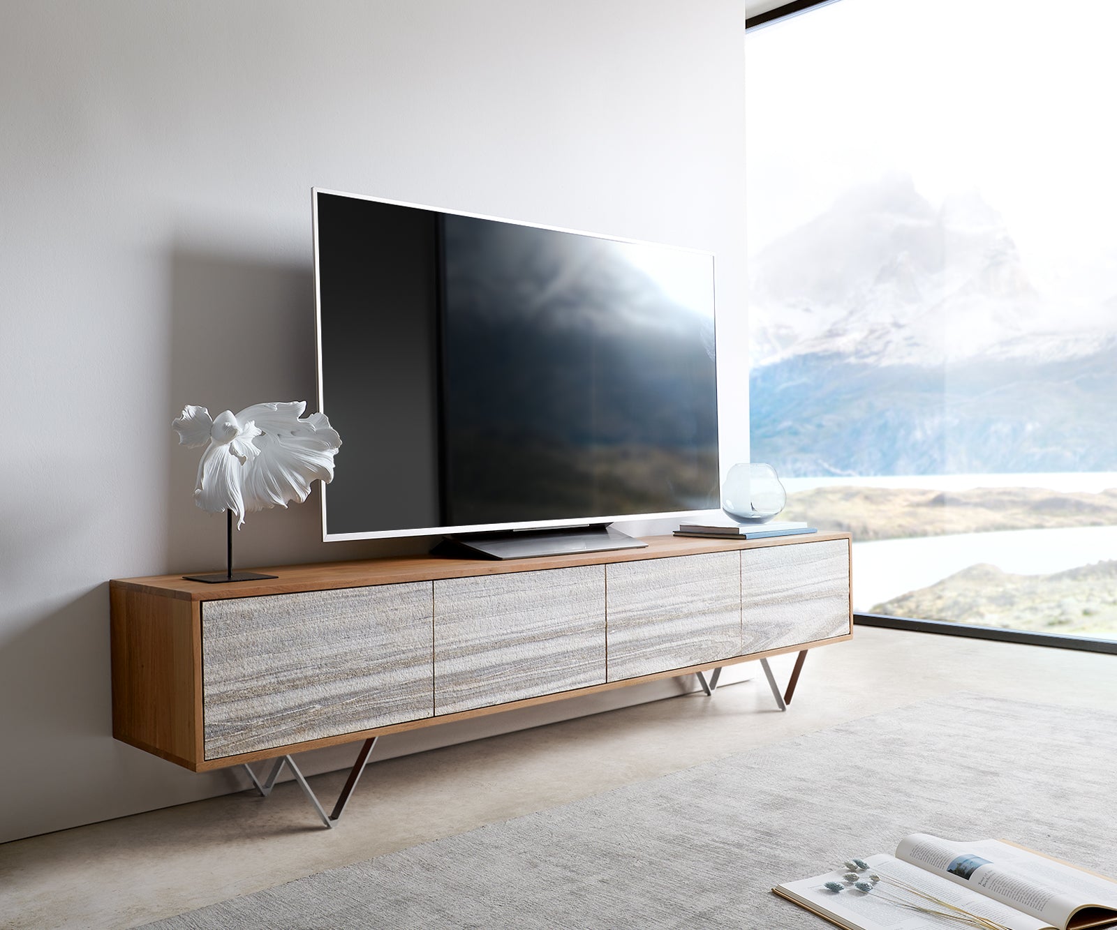 TV Stand Kleo 200cm Acacia Wood Natural 4 Doors V-Foot Stainless Steel