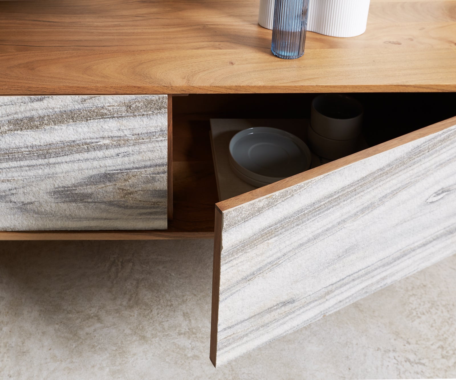 TV Stand Kleo 200cm Acacia Wood Natural 4 Doors V-Foot Stainless Steel