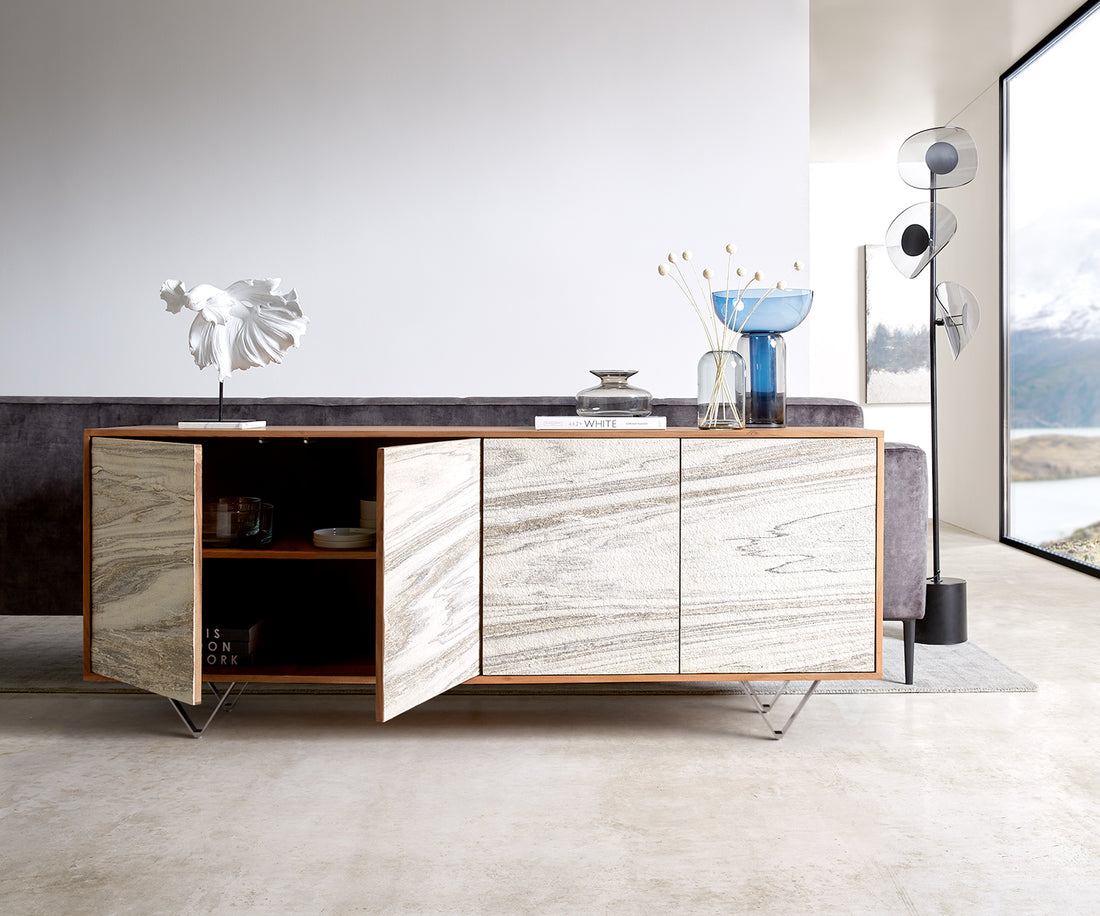 Sideboard Kleo 175cm Acacia Wood Natural 4 Doors V-Feet Stainless Steel