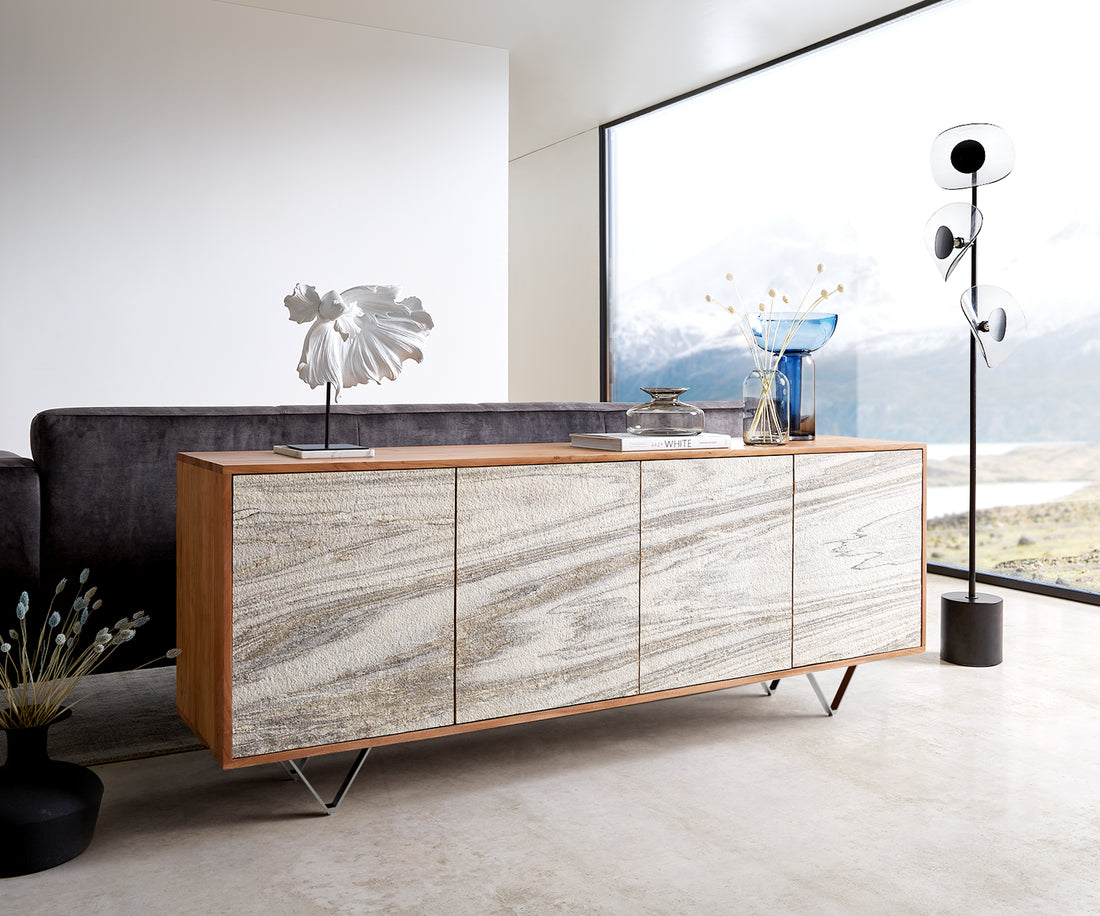 Sideboard Kleo 175cm Acacia Wood Natural 4 Doors V-Feet Stainless Steel
