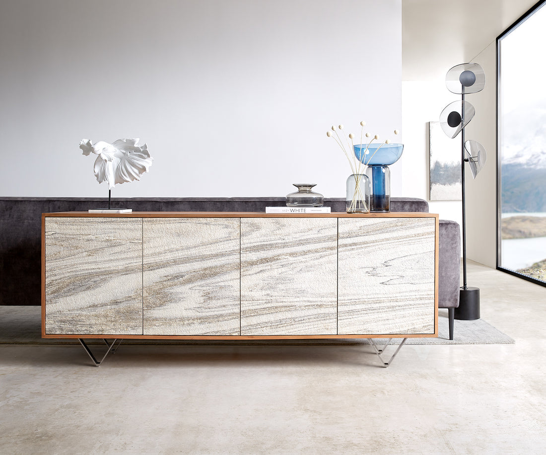 Sideboard Kleo 175cm Acacia Wood Natural 4 Doors V-Feet Stainless Steel