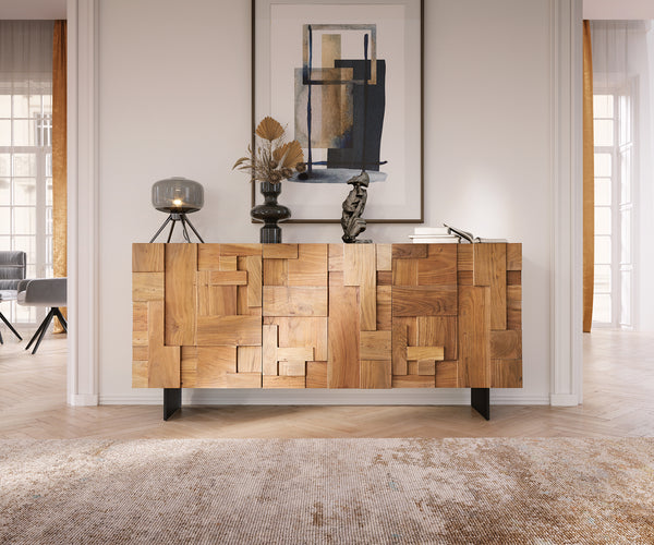 Sideboard Puzzle 175cm Acacia Wood Natural 3 Doors Narrow Feet Black