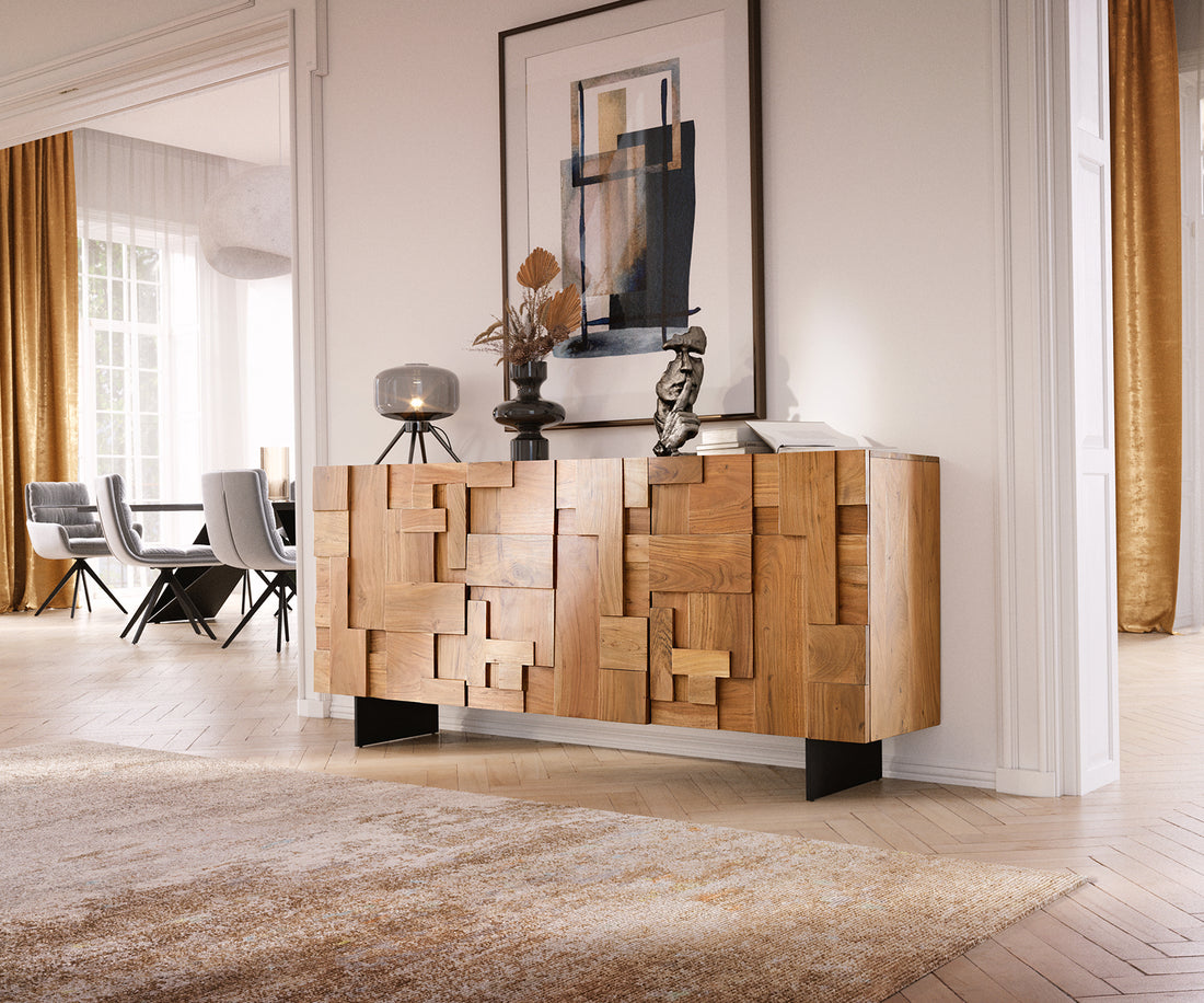 Sideboard Puzzle 175cm Acacia Wood Natural 3 Doors Narrow Feet Black