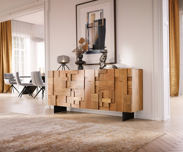 Sideboard Puzzle 175cm Acacia Wood Natural 3 Doors Narrow Feet Black