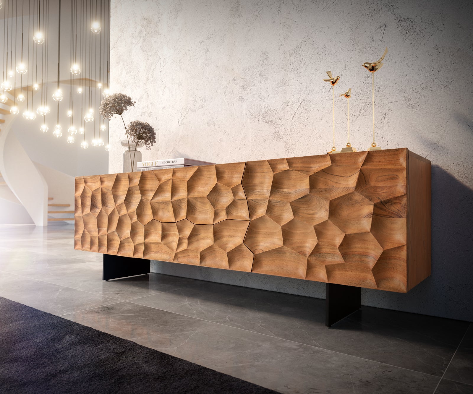 TV Stand Solu 175cm Acacia Wood Natural 2 Doors 2 Drawers 3D Front