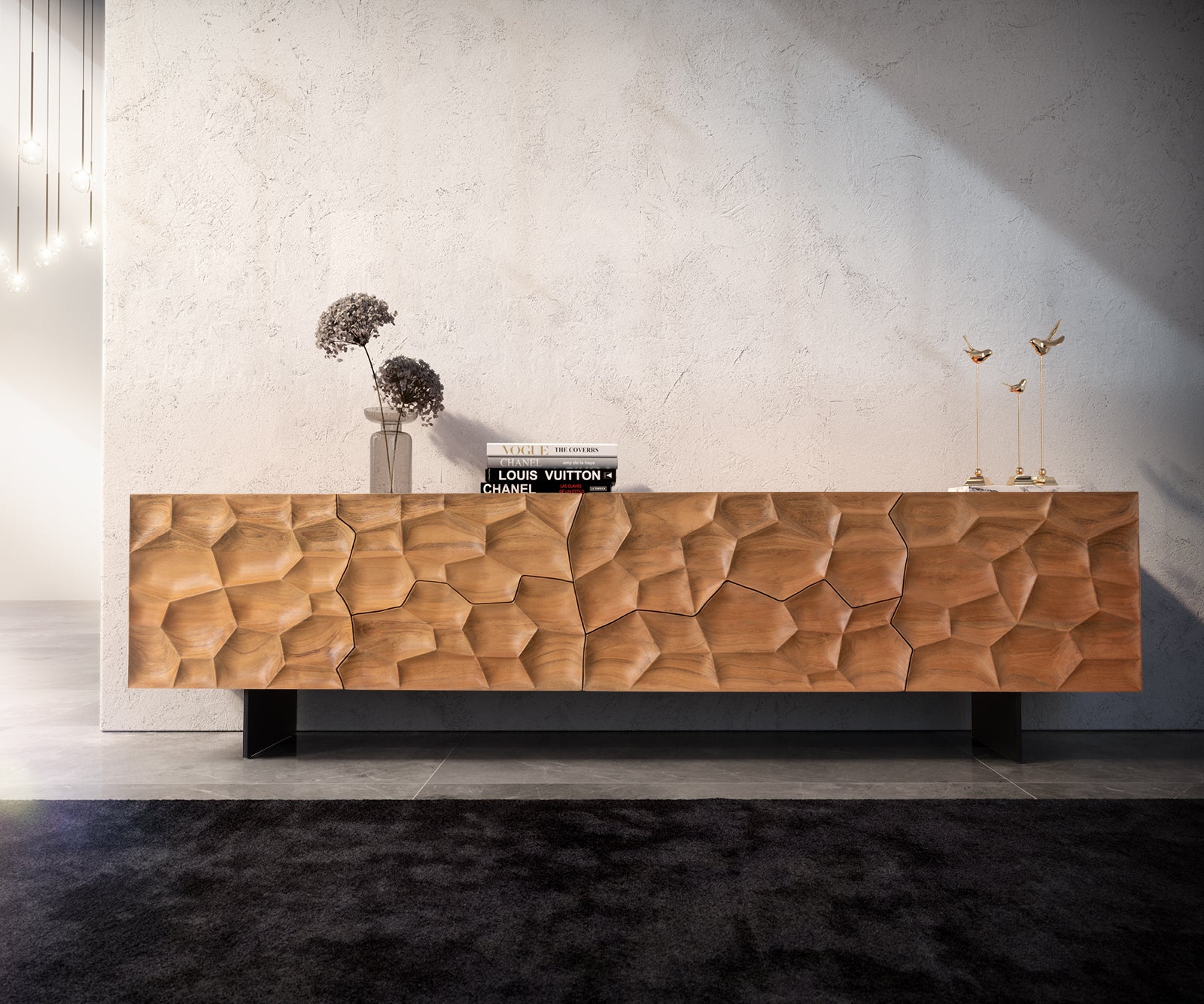 TV Stand Solu 220cm Acacia Wood Natural 2 Doors 4 Drawers 3D Front