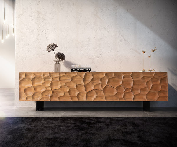 TV Stand Solu 220cm Acacia Wood Natural 2 Doors 4 Drawers 3D Front