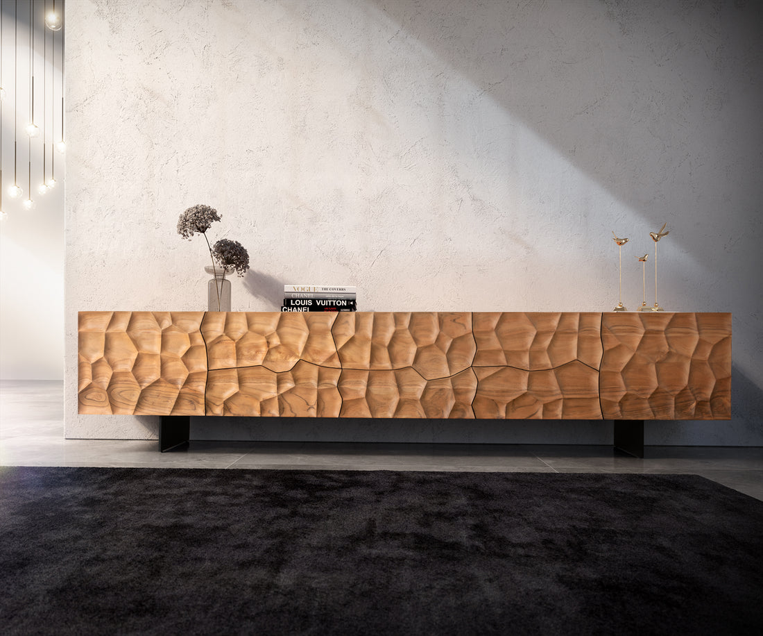 TV Stand Solu 260cm Acacia Wood Natural 2 Doors 6 Drawers 3D Front