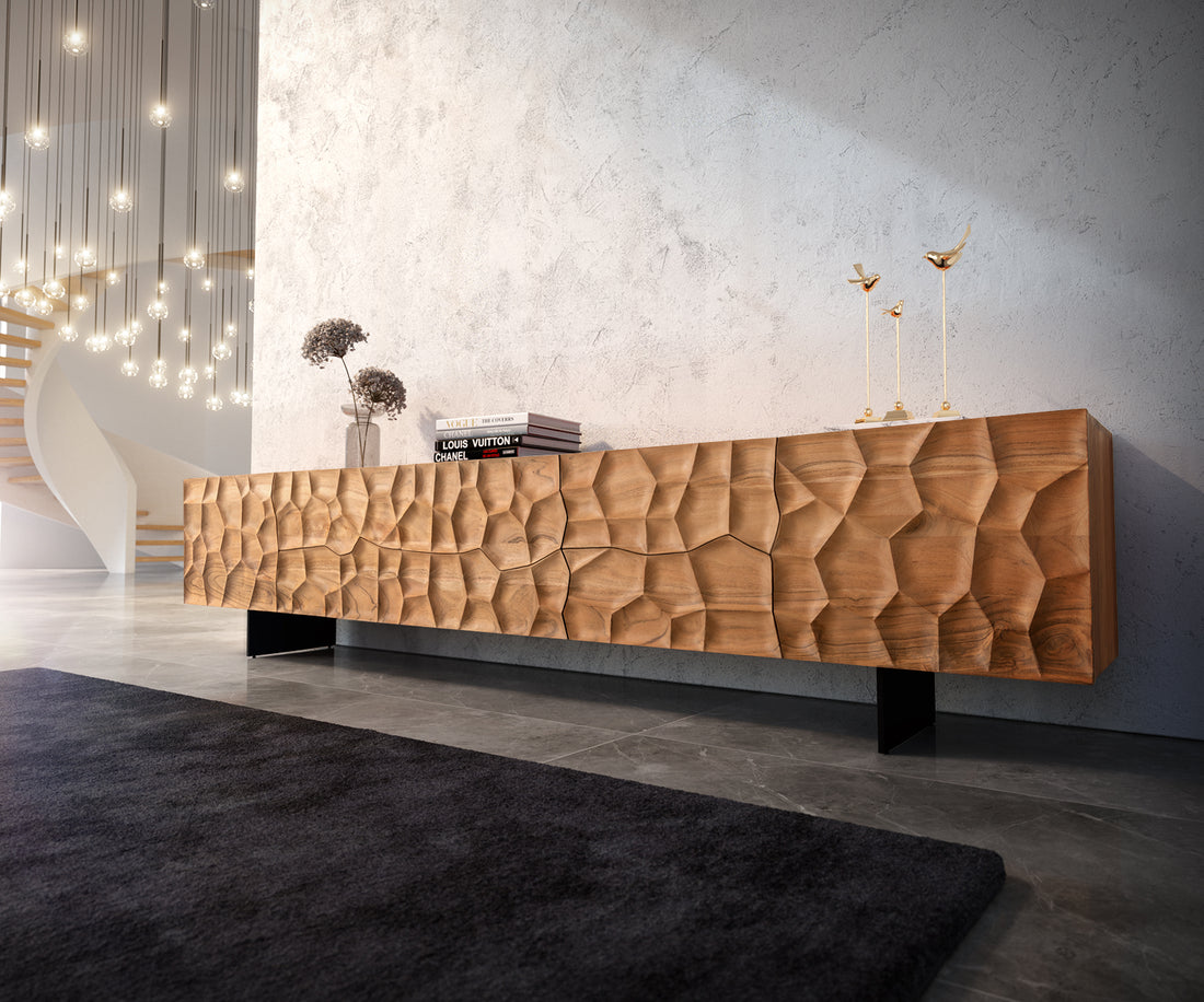 TV Stand Solu 260cm Acacia Wood Natural 2 Doors 6 Drawers 3D Front
