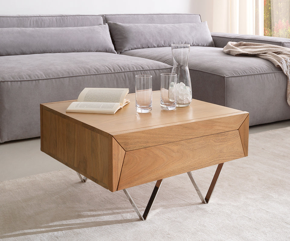 Coffee Table Kayu 60x60cm 2 Drawers Acacia Wood Natural V-Feet Silver