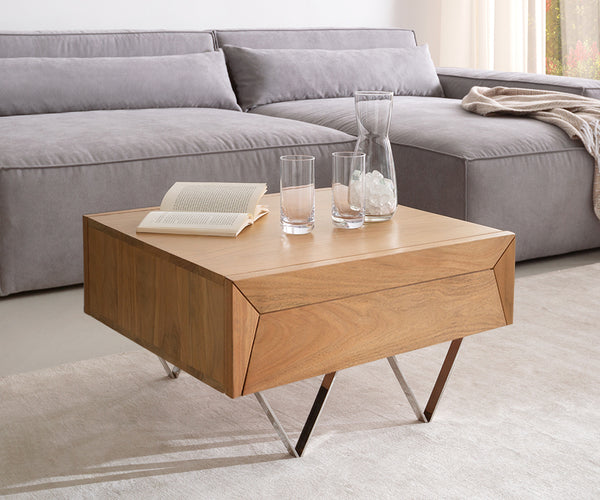 Coffee Table Kayu 60x60cm 2 Drawers Acacia Wood Natural V-Feet Silver