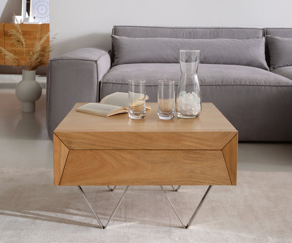 Coffee Table Kayu 60x60cm 2 Drawers Acacia Wood Natural V-Feet Silver