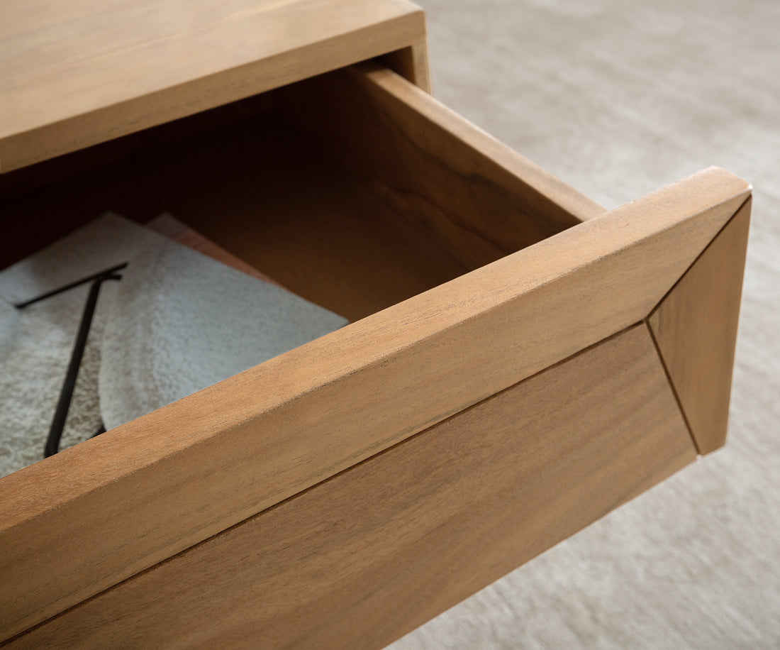 Coffee Table Kayu 60x60cm 2 Drawers Acacia Wood Natural V-Feet Silver