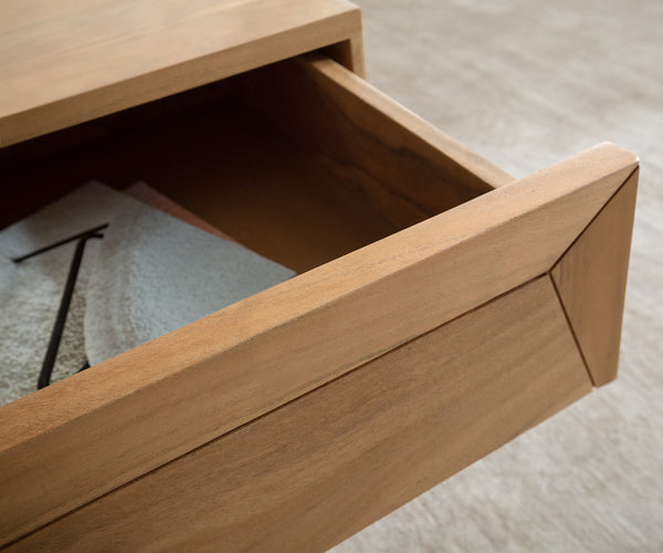 Coffee Table Kayu 60x60cm 2 Drawers Acacia Wood Natural V-Feet Silver