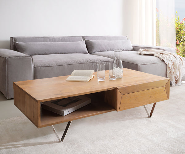 Coffee Table Kayu 115x60cm 2 Drawers 1 Compartment Acacia Wood Natural V-Feet Silver