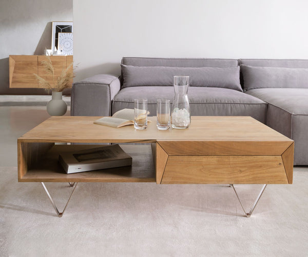 Coffee Table Kayu 115x60cm 2 Drawers 1 Compartment Acacia Wood Natural V-Feet Silver