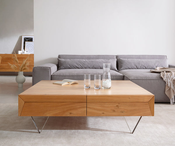 Coffee Table Kayu 115x115cm 4 Drawers Acacia Wood Natural V-Feet Silver